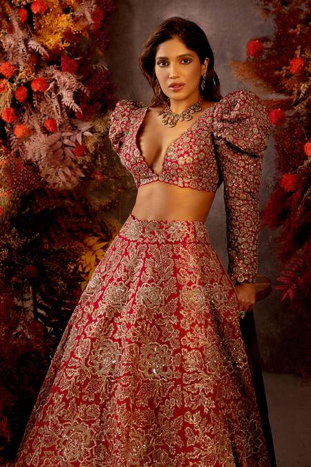 Mrunalini Rao Red Silk, Organza Rosette Handcrafted Embellished Bridal Lehenga Set Online at Aza Fashions Mrunalini Rao_Red Silk, Organza Rosette Handcrafted Embellished Bridal Lehenga Set_Online_at_Aza_Fashions