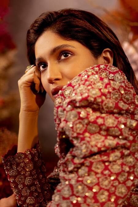 Shop Mrunalini Rao Red Silk, Organza Rosette Handcrafted Embellished Bridal Lehenga Set Online at Aza Fashions Shop_Mrunalini Rao_Red Silk, Organza Rosette Handcrafted Embellished Bridal Lehenga Set_Online_at_Aza_Fashions