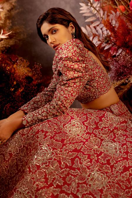 Mrunalini Rao Red Silk, Organza Rosette Handcrafted Embellished Bridal Lehenga Set at Aza Fashions Mrunalini Rao_Red Silk, Organza Rosette Handcrafted Embellished Bridal Lehenga Set_at_Aza_Fashions