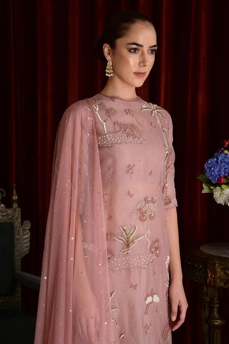 Sahil Kochhar_Pink Silk Organza, Net Embroidery, Sequins Round Kaafir Jungle Safari Kurta Set _Online_at_Aza_Fashions