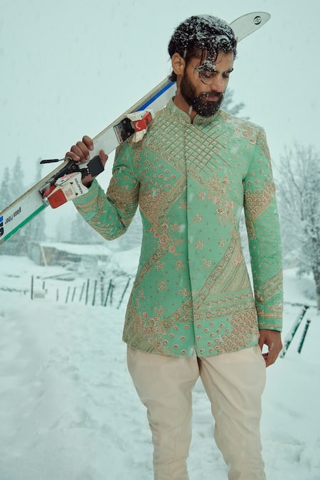 Sahil Kochhar Green Silk Embroidery Kanak 3d Applique Bandhgala Online at Aza Fashions Sahil Kochhar_Green Silk Embroidery Kanak 3d Applique Bandhgala _Online_at_Aza_Fashions