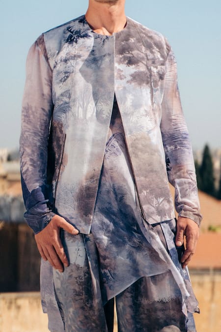 Sahil Kochhar_Blue Raw Silk Print Jungle Jacket  _Online_at_Aza_Fashions