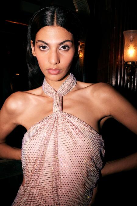 Buy Kangana Trehan Peach Net Crystals Halter Neck Swarovski Embellished Sleeveless Dress Online at Aza Fashions Buy_Kangana Trehan_Peach Net Crystals Halter Neck Swarovski Embellished Sleeveless Dress _Online_at_Aza_Fashions