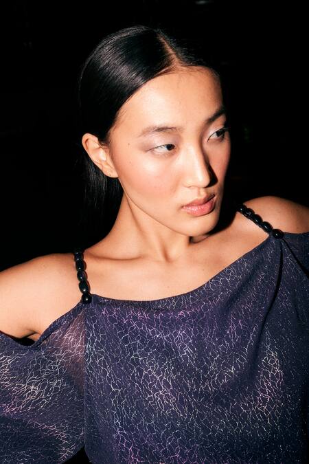 Buy Kangana Trehan Blue Georgette Beads Square Neck Strappy Cold Shoulder Dress Online at Aza Fashions Buy_Kangana Trehan_Blue Georgette Beads Square Neck Strappy Cold Shoulder Dress _Online_at_Aza_Fashions