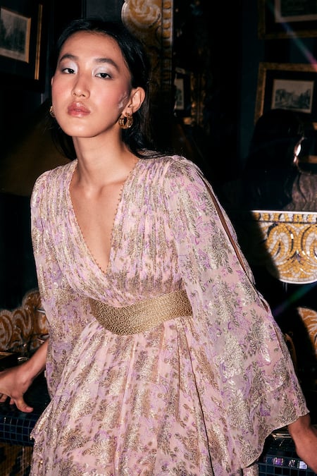 Buy Kangana Trehan Pink Georgette Beads V-neck Printed Dress With Rope Belt Online at Aza Fashions Buy_Kangana Trehan_Pink Georgette Beads V-neck Printed Dress With Rope Belt _Online_at_Aza_Fashions