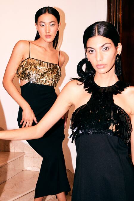 Buy Kangana Trehan Black Lycra Metallic Thread Halter Neck Embellished Dress Online at Aza Fashions Buy_Kangana Trehan_Black Lycra Metallic Thread Halter Neck Embellished Dress _Online_at_Aza_Fashions