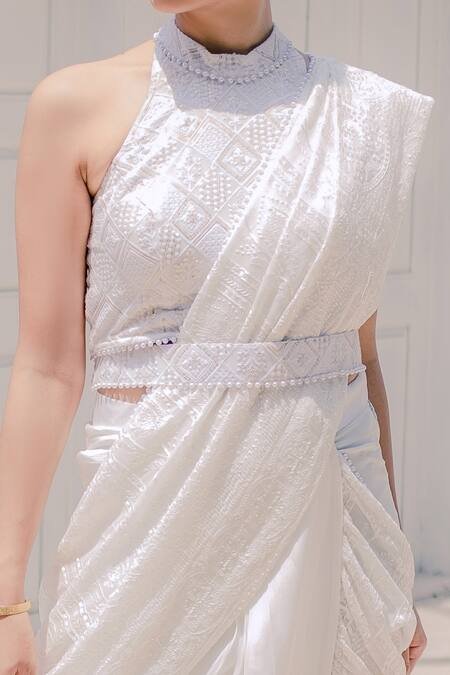 Monk & Mei By Sonia Anand White Georgette Embroidery, Karishma Pre-stitched And Pre-draped Dhoti Saree Set Online at Aza Fashions Monk & Mei By Sonia Anand_White Georgette Embroidery, Karishma Pre-stitched And Pre-draped Dhoti Saree Set_Online_at_Aza_Fashions