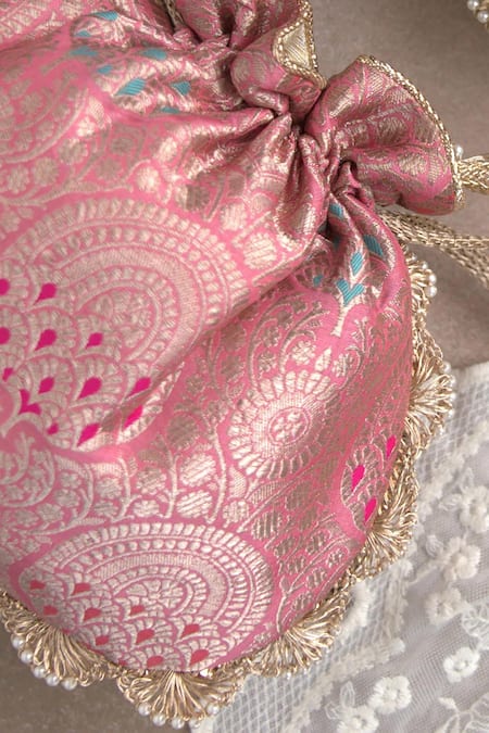 Amyra Pink Pearls, Lace Kashi Banarasi Potli Bag at Aza Fashions Amyra_Pink Pearls, Lace Kashi Banarasi Potli Bag _at_Aza_Fashions
