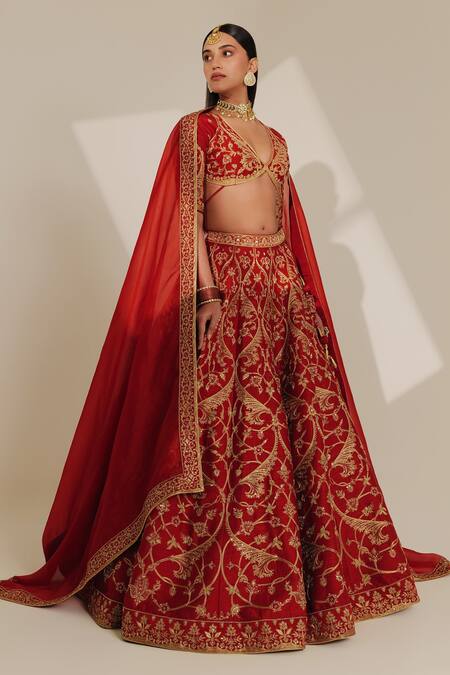 Buy_Taisha_Red , Organza Zari, Sequins V-neck Jaal Embroidered Bridal Lehenga Set _Online_at_Aza_Fashions