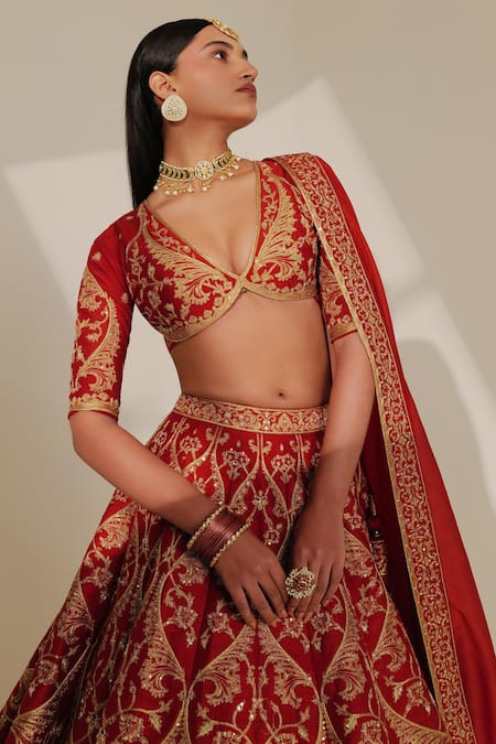 Shop_Taisha_Red , Organza Zari, Sequins V-neck Jaal Embroidered Bridal Lehenga Set _Online_at_Aza_Fashions
