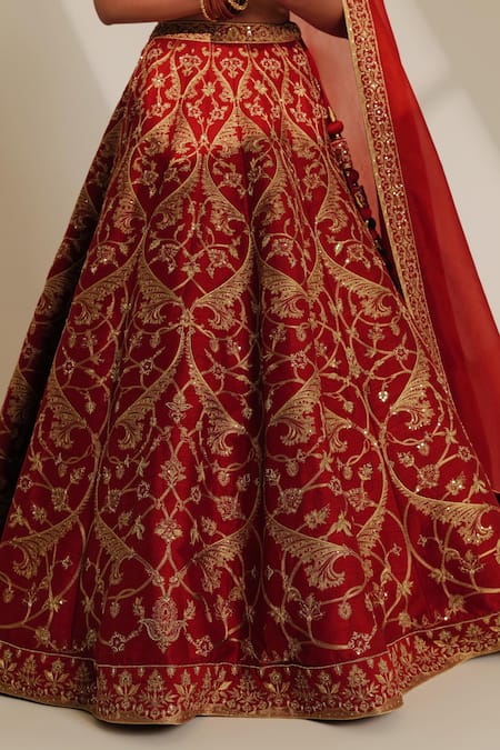 Taisha_Red , Organza Zari, Sequins V-neck Jaal Embroidered Bridal Lehenga Set _at_Aza_Fashions