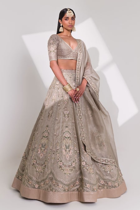 Taisha_Beige Handloom Cotton, Organza Crystals, Embellished Kalidar Bridal Lehenga Set _Online_at_Aza_Fashions