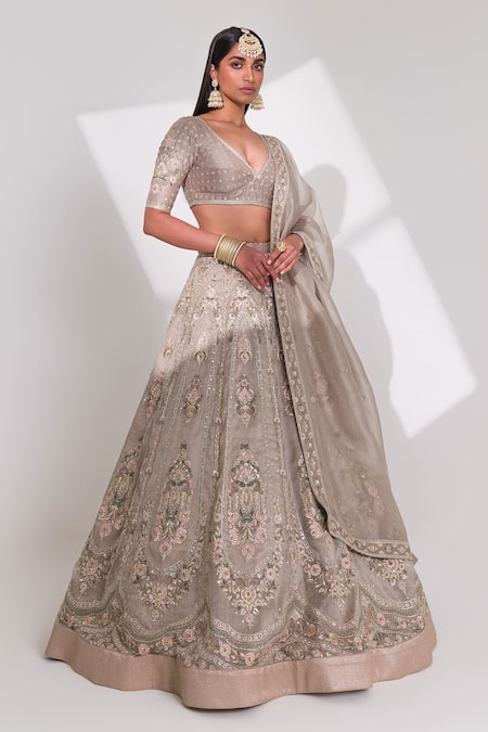 Buy_Taisha_Beige Handloom Cotton, Organza Crystals, Embellished Kalidar Bridal Lehenga Set _Online_at_Aza_Fashions