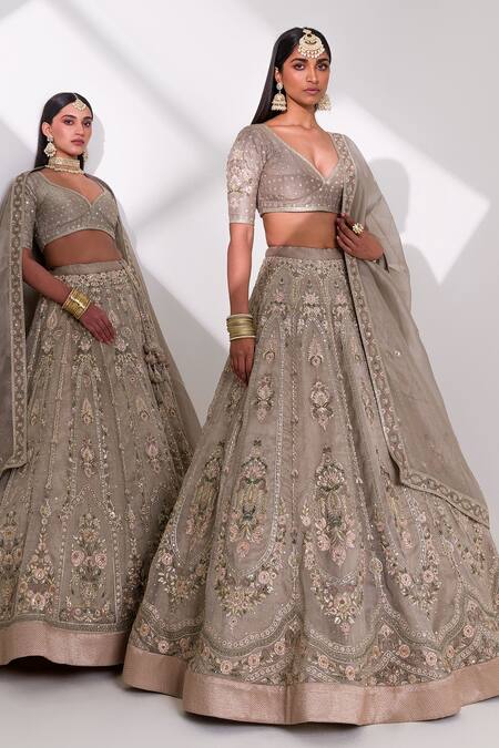 Buy_Taisha_Beige Handloom Cotton, Organza Crystals, Embellished Kalidar Bridal Lehenga Set 