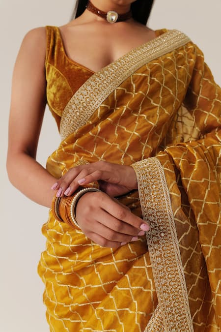 Taisha Yellow Cotton, Silk, Satin Embroidery Scoop Jaal Handwoven Saree With Blouse Online at Aza Fashions Taisha_Yellow Cotton, Silk, Satin Embroidery Scoop Jaal Handwoven Saree With Blouse _Online_at_Aza_Fashions