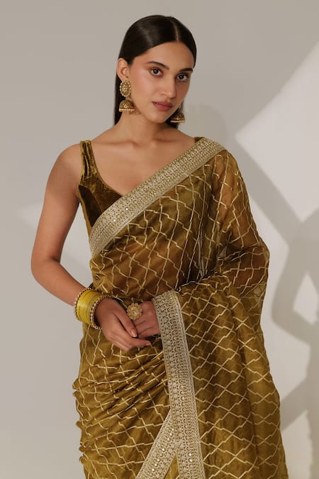 Taisha Green Silk Plunge Neck Pure Velvet Skimpy Blouse Online at Aza Fashions Taisha_Green Silk Plunge Neck Pure Velvet Skimpy Blouse _Online_at_Aza_Fashions