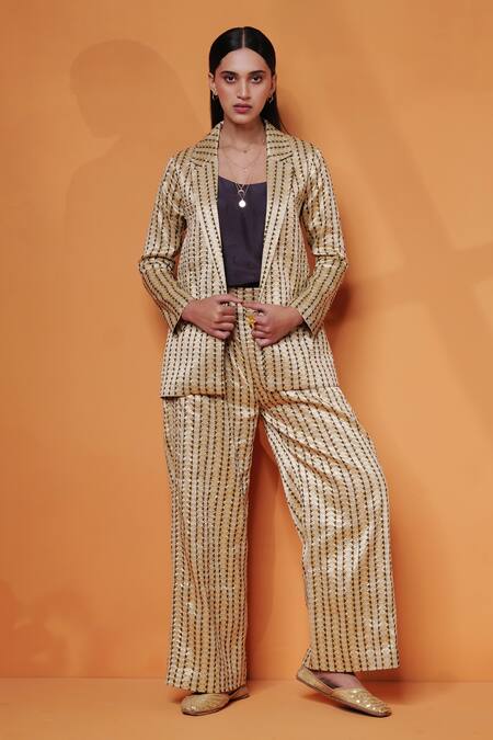 Taisha_Brown Kota Doria, Silk Satin, Chanderi Fekua Handwoven Blazer Pant Set _Online_at_Aza_Fashions