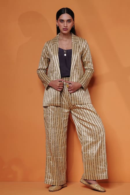 Taisha_Brown Silk Embroidery Pure Katan Flared Pant_Online_at_Aza_Fashions