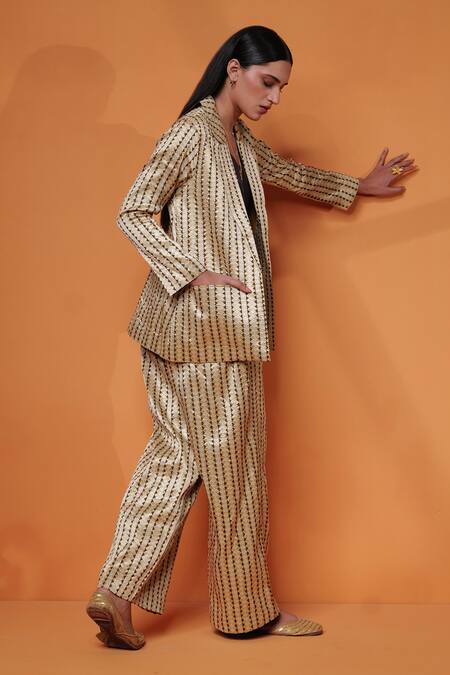 Shop_Taisha_Brown Silk Embroidery Pure Katan Flared Pant_Online_at_Aza_Fashions