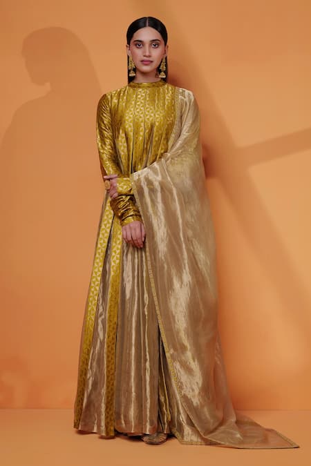 Buy_Taisha_Green Silk, Tissue Embroidery Mandarin Handwoven Panelled Anarkali With Dupatta _Online_at_Aza_Fashions