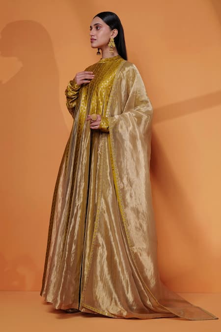 Shop_Taisha_Green Silk, Tissue Embroidery Mandarin Handwoven Panelled Anarkali With Dupatta _Online_at_Aza_Fashions