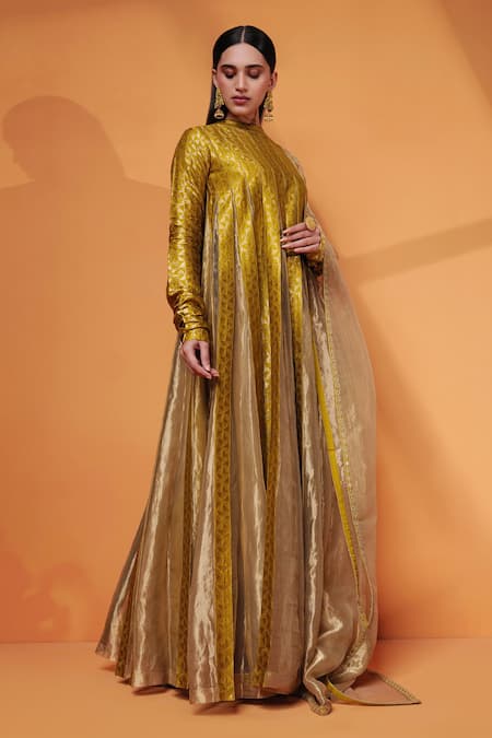 Taisha_Green Silk, Tissue Embroidery Mandarin Handwoven Panelled Anarkali With Dupatta _at_Aza_Fashions