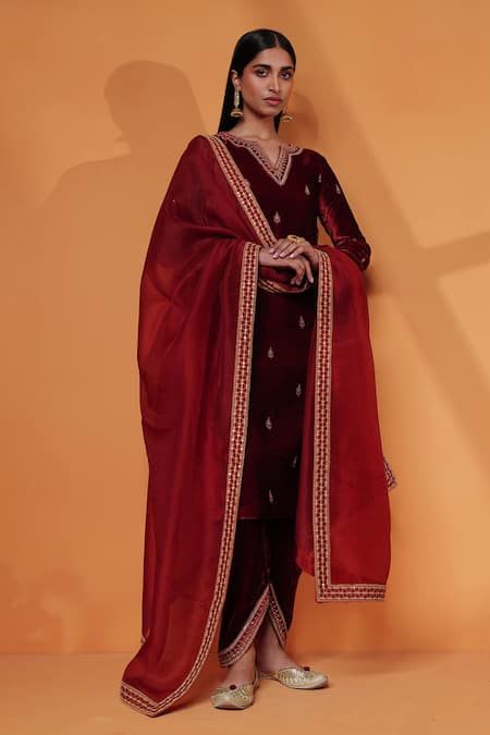 Taisha_Orange Silk, Velvet Embroidery Pure Dhoti Pant _Online_at_Aza_Fashions