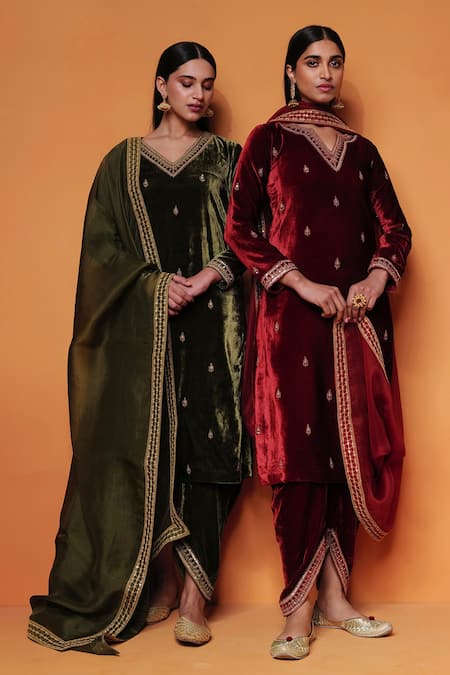 Buy_Taisha_Orange Silk, Velvet Embroidery Pure Dhoti Pant _Online_at_Aza_Fashions
