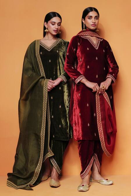 Buy Taisha Green Silk, Cotton Embroidery V-neck Velvet Kurta Dhoti Pant Set Online at Aza Fashions Buy_Taisha_Green Silk, Cotton Embroidery V-neck Velvet Kurta Dhoti Pant Set _Online_at_Aza_Fashions