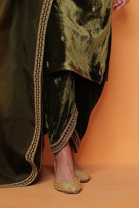 Buy_Taisha_Green Silk, Velvet Embroidery Pure Dhoti Pant _Online_at_Aza_Fashions