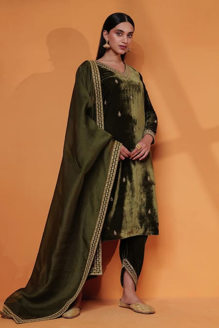Taisha_Green Silk, Velvet Embroidery Pure Dhoti Pant _Online_at_Aza_Fashions