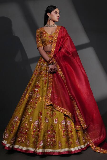 Taisha_Multi Color Tussar, Silk Organza Hand Applique Work Bridal Lehenga Set _Online_at_Aza_Fashions