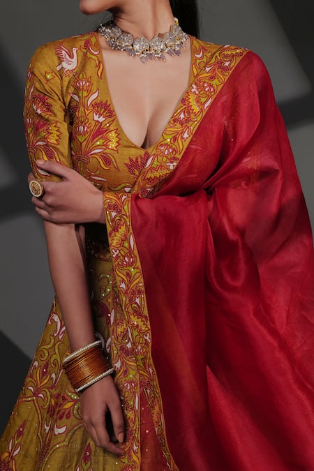 Buy_Taisha_Multi Color Tussar, Silk Organza Hand Applique Work Bridal Lehenga Set _Online_at_Aza_Fashions