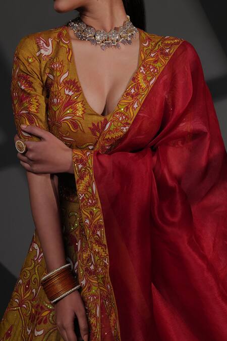 Taisha_Multi Color Tussar Embroidery Plunge Neck Hand Appliqued Blouse _Online_at_Aza_Fashions