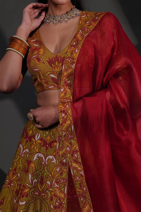 Buy_Taisha_Multi Color Tussar Embroidery Plunge Neck Hand Appliqued Blouse _Online_at_Aza_Fashions