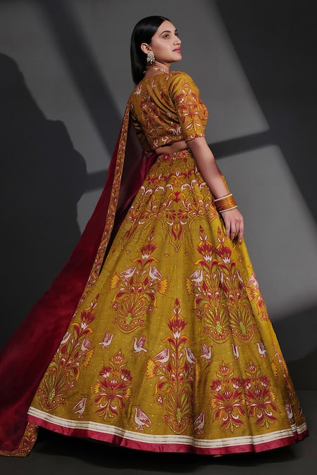 Shop_Taisha_Multi Color Tussar, Silk Organza Hand Applique Work Bridal Lehenga Set _Online_at_Aza_Fashions