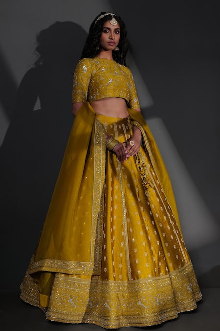 Taisha_Yellow Silk Embroidery Round Neck Forest Jaal Hand Blouse _Online_at_Aza_Fashions