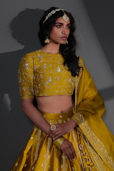 Buy_Taisha_Yellow Silk Embroidery Round Neck Forest Jaal Hand Blouse _Online_at_Aza_Fashions