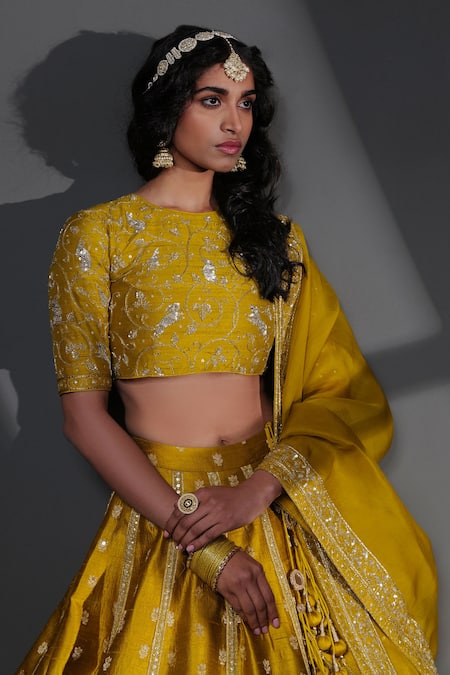 Shop Taisha Yellow , Kota Doria, Organza Zari, Embroidered Bridal Lehenga Set Online at Aza Fashions Shop_Taisha_Yellow , Kota Doria, Organza Zari, Embroidered Bridal Lehenga Set _Online_at_Aza_Fashions