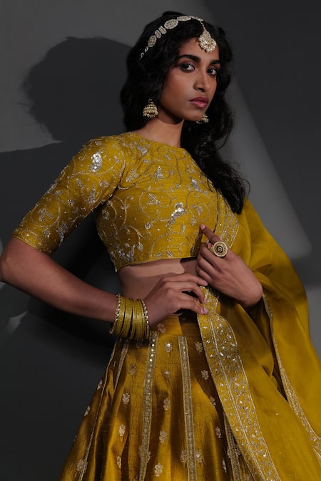 Shop_Taisha_Yellow Silk Embroidery Round Neck Forest Jaal Hand Blouse _Online_at_Aza_Fashions