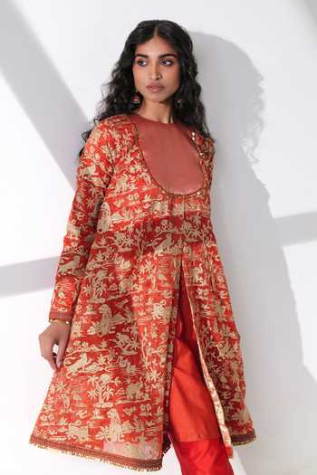 Shop_Taisha_Red Organza, Sequins Collared Forest Embroidered Kurta And Pant Set _Online_at_Aza_Fashions