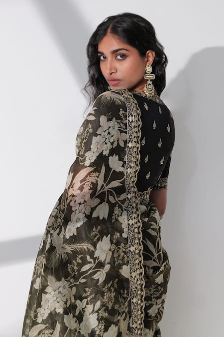 Taisha Black Saree Handloom Cotton Organza Printed Gara Floral With Embroidered Blouse  4