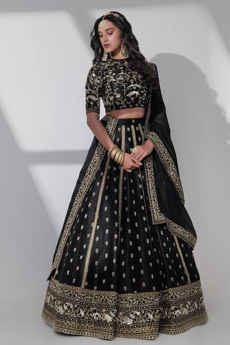 Buy Taisha Black Silk Embroidery Round Neck Forest Jaal Blouse Online at Aza Fashions Buy_Taisha_Black Silk Embroidery Round Neck Forest Jaal Blouse _Online_at_Aza_Fashions