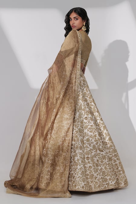 Taisha Brown Silk, Tussar Embroidery, Sequins, Botanical Jaal Hand Bridal Lehenga Set Online at Aza Fashions Taisha_Brown Silk, Tussar Embroidery, Sequins, Botanical Jaal Hand Bridal Lehenga Set _Online_at_Aza_Fashions