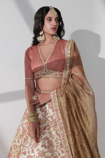 Taisha Red Tussar, Crepe, Tissue Embroidery, Sequins Botanical Jaal Bridal Lehenga Set Online at Aza Fashions Taisha_Red Tussar, Crepe, Tissue Embroidery, Sequins Botanical Jaal Bridal Lehenga Set _Online_at_Aza_Fashions