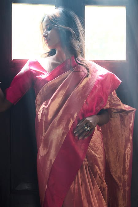 Buy_Kasturi Kundal_Fuchsia Pure Tissue Jhilmil Rani Woven Motifs Saree _Online_at_Aza_Fashions