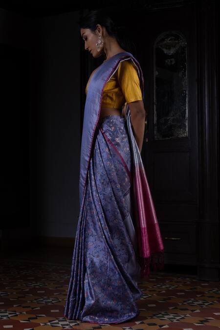 Kasturi Kundal_Blue Pure Silk Floral Motifs Pushp Rekha And Saree_Online_at_Aza_Fashions