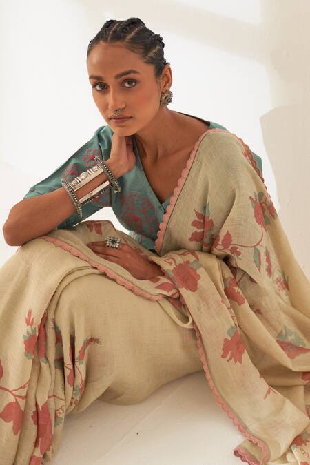 Shop_Kasturi Kundal_Beige Linen Round Neck Phoolan Pure Handloom Saree With Unstitched Blouse_Online_at_Aza_Fashions