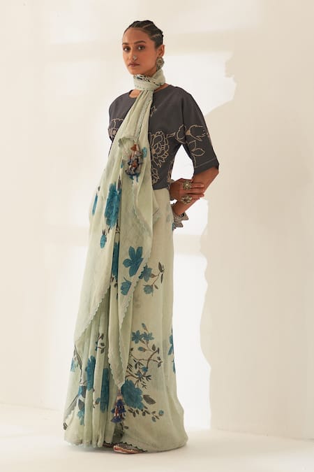 Kasturi Kundal_Blue Linen Tassels, Goolar Pure Handloom Saree With Unstitched Blouse _Online_at_Aza_Fashions