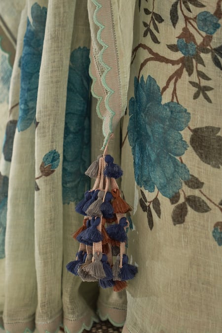 Buy_Kasturi Kundal_Blue Linen Tassels, Goolar Pure Handloom Saree With Unstitched Blouse _Online_at_Aza_Fashions